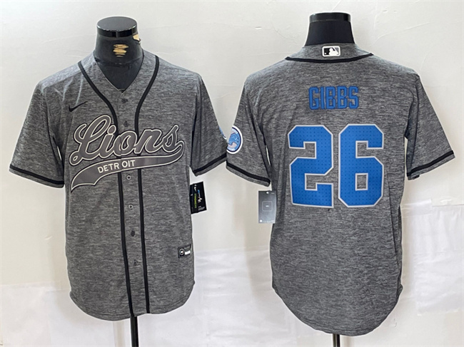 Men's Detroit Lions #26 Jahmyr Gibbs Grey Cool Base Stitched Baseball Jersey
